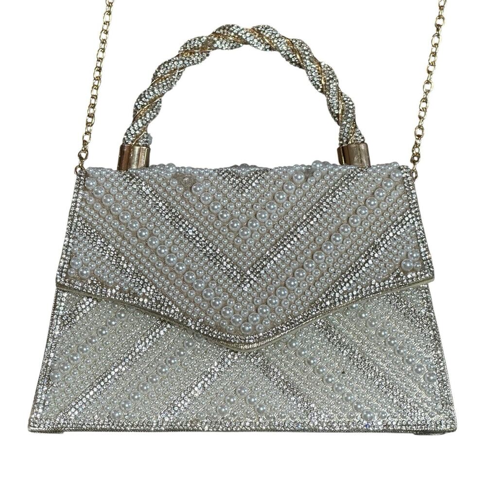 House Of Harlow 1960‎ Evening Handbag Rhinestone Pearl Chain Strap Purse Clutch